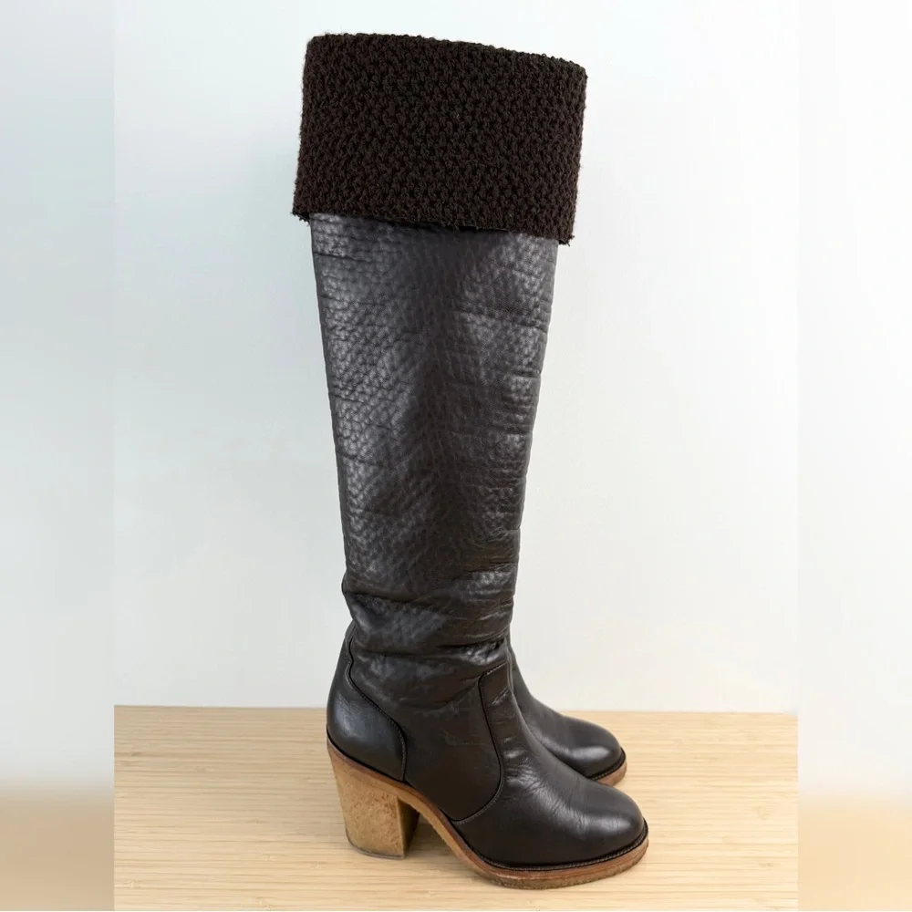 CHANEL Over The Knee Winter Boots Brown Sz 40